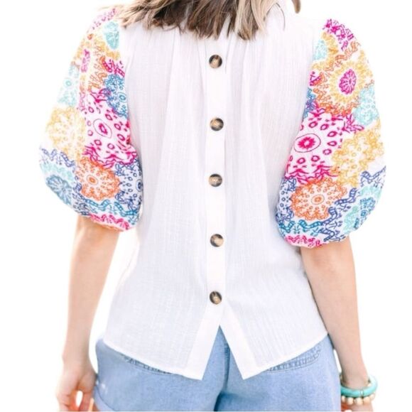 THML: On Your Heart White Embroidered Sleeve Blouse size medium boho cottagecore - Picture 2 of 6